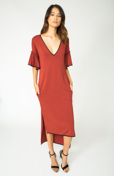 BRICK AUDREY RUFFLE SLEEVE DRESS