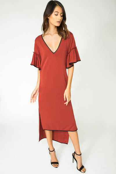 BRICK AUDREY RUFFLE SLEEVE DRESS